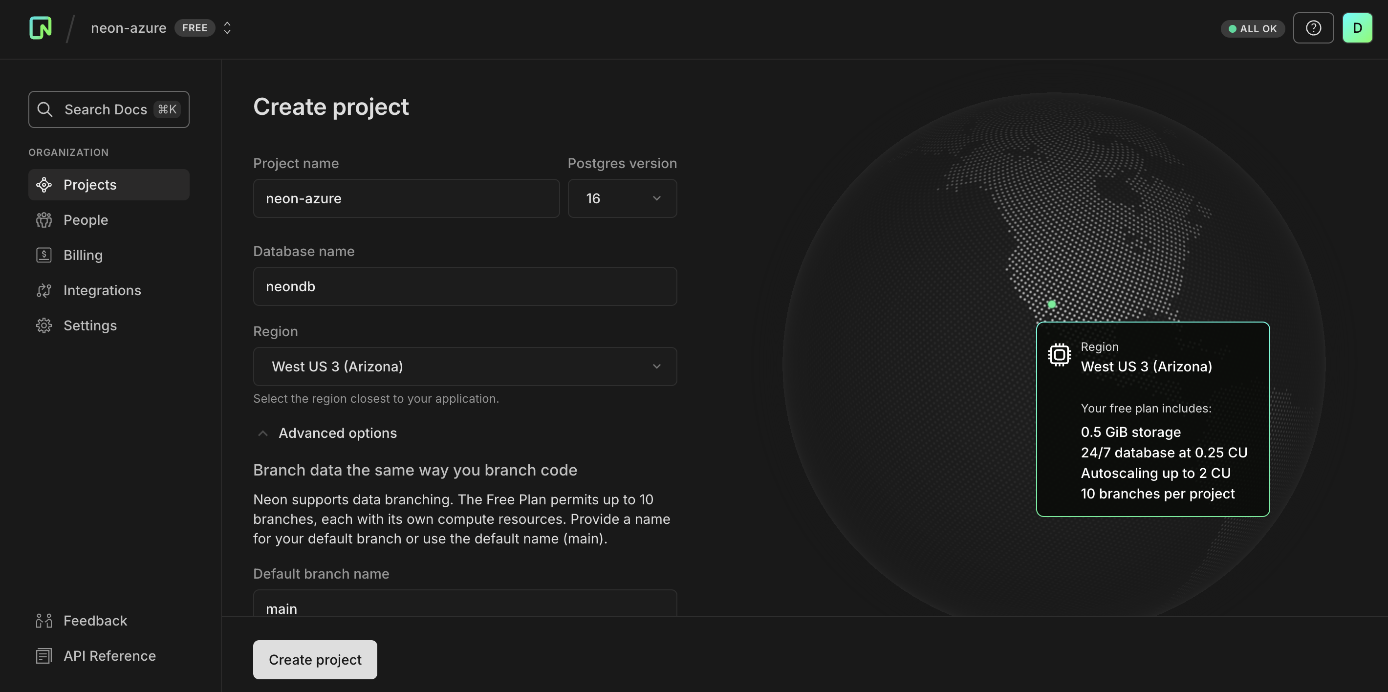 Neon Azure Create Project